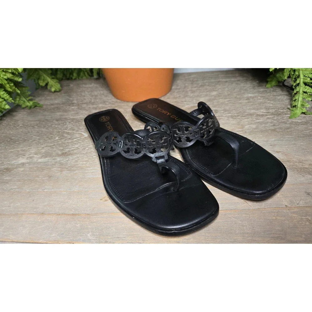 Tory Burch Miller Black Leather Logo Thong Sandals Slides Size 9M